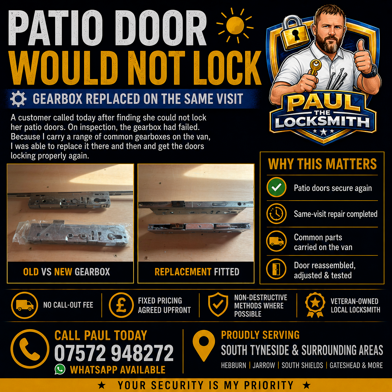 Patio Door Gearbox Replaced After Door Would Not Lock
